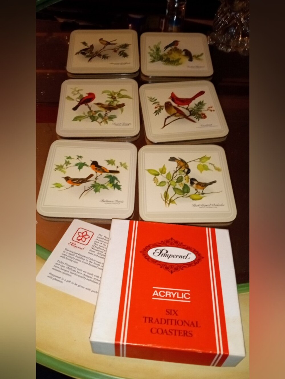 Vintage Pimpernel Acrylic Coasters Set of 6 - North American Song Birds w/ Box